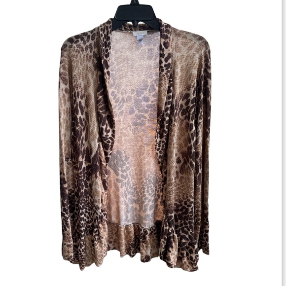 Chico's open front ruffle cardigan tan brown animal print size 2/ Large - Picture 1 of 4